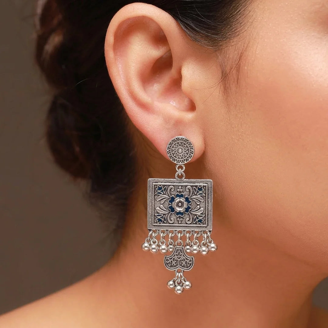 Intricate Floral Antique Silver Square Dangle Earrings