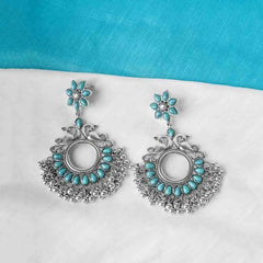 Peacock Blue Silver Floral Chandbali Earrings