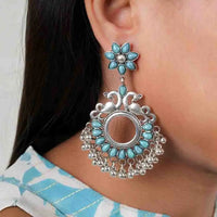 Peacock Blue Silver Floral Chandbali Earrings