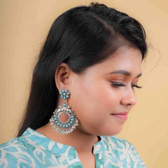 Peacock Blue Silver Floral Chandbali Earrings