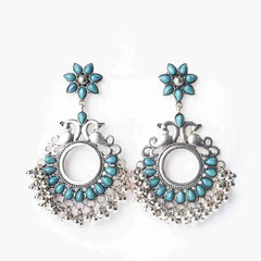 Peacock Blue Silver Floral Chandbali Earrings