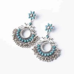 Peacock Blue Silver Floral Chandbali Earrings