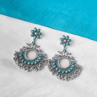 Peacock Blue Silver Floral Chandbali Earrings