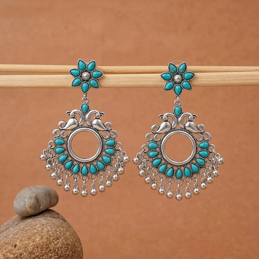 Peacock Blue Silver Floral Chandbali Earrings