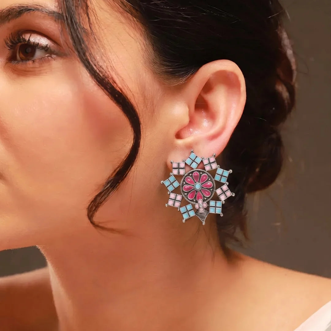 Floral Geometric Silver Studs