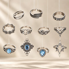 Set of 11 Silver Boho Statement Ring Set