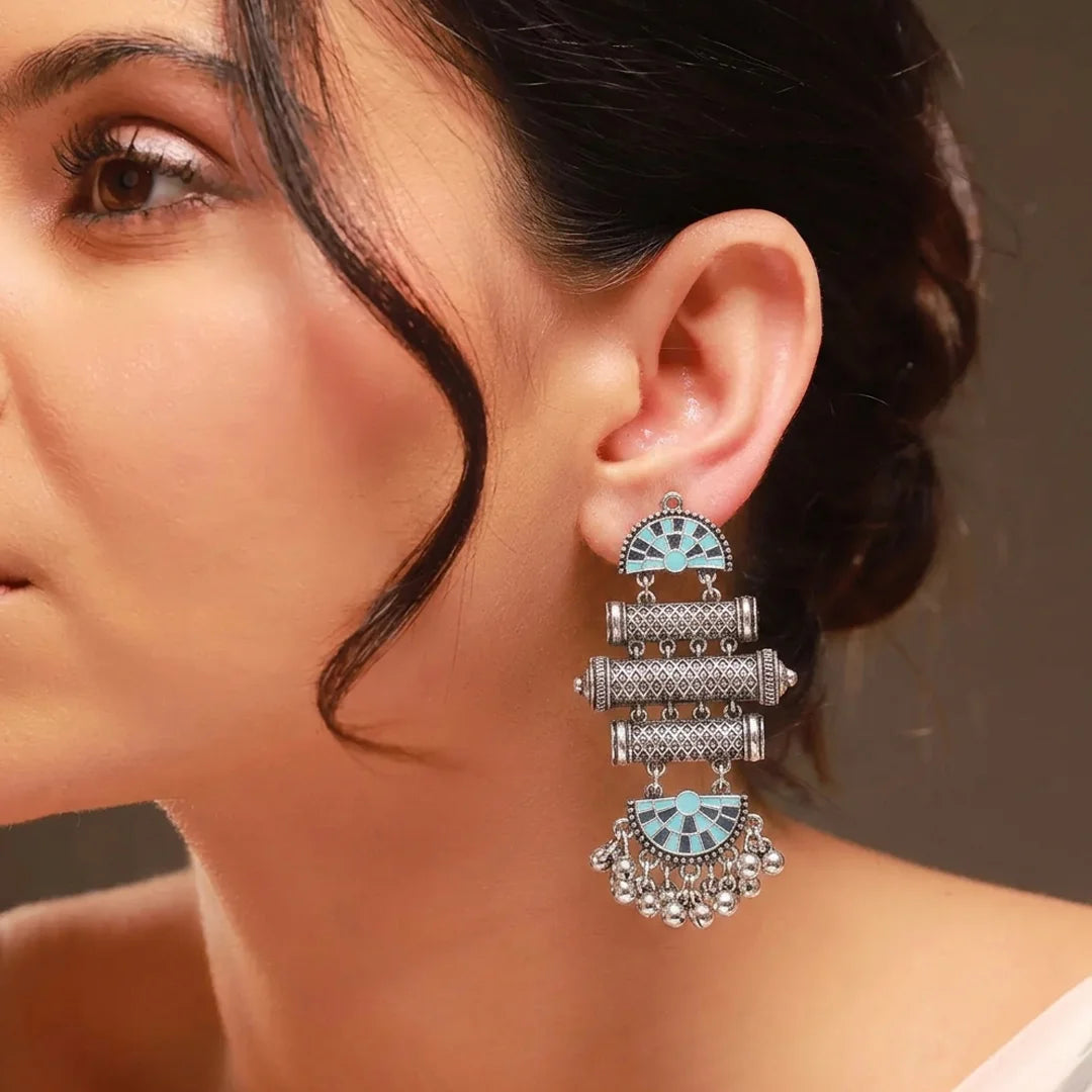 Geometric Enamel Inlay Oxidised Dangle Earrings