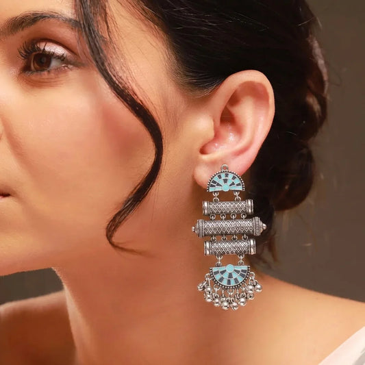Geometric Enamel Inlay Oxidised Dangle Earrings