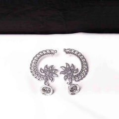 Silver Crescent Shaped Floral Jhumka Earrings