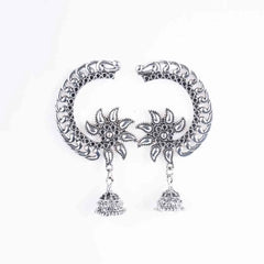 Silver Crescent Shaped Floral Jhumka Earrings