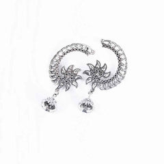 Silver Crescent Shaped Floral Jhumka Earrings