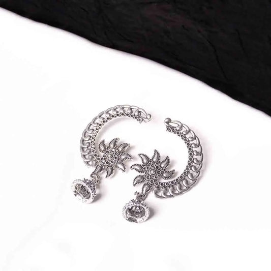 Silver Crescent Shaped Floral Jhumka Earrings