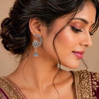 Silver Crescent Shaped Floral Jhumka Earrings