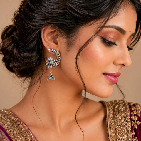 Antique Silver Crescent Shaped Floral Jhumka Earrings