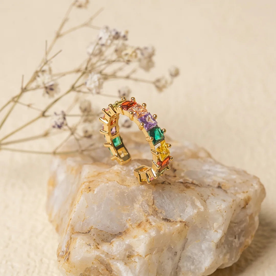 Golden Square Multicolour Gems  Ring