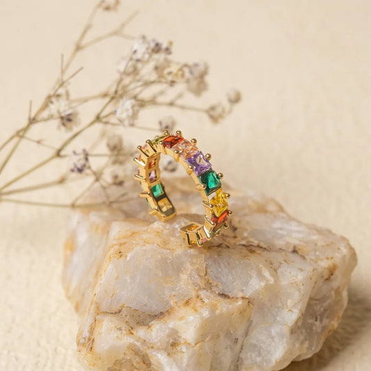 Golden Square Multicolour Gems  Ring