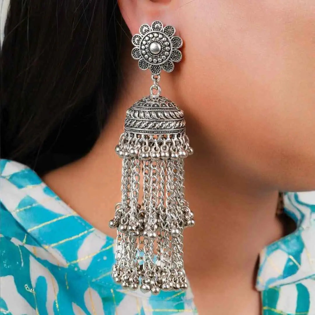 Oxidised Floral Ghungroo Tassel Dangle