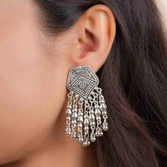 Intricate Silver Beaded Tassel Earrings