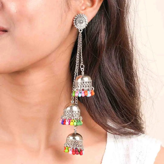 Silver Long Colourful Chain Tassel Jhumka Earrings