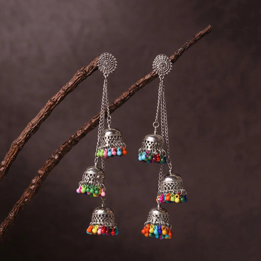 Silver Long Colourful Chain Tassel Jhumka Earrings