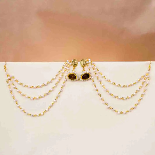 Traditional Gold Layered Pearl Hair Chain Earrings