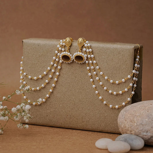 Traditional Gold Layered Pearl Hair Chain Earrings