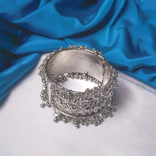 Intricate Silver Ghungroo Cuff Bangle