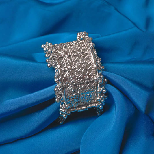 Intricate Silver Ghungroo Cuff Bangle