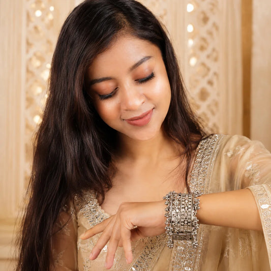 Intricate Silver Ghungroo Cuff Bangle
