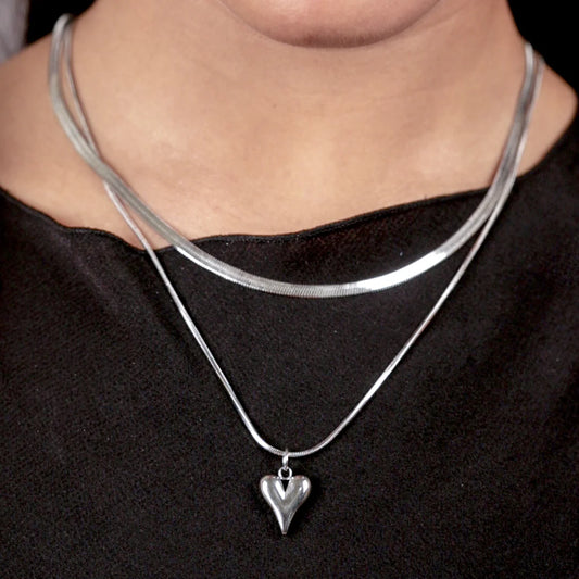 Silver Layered Heart Chain Necklace