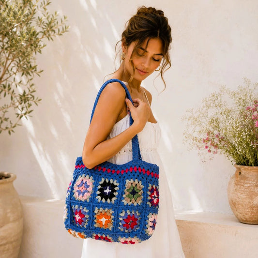 Blue Crochet Colourful Shoulder Bag