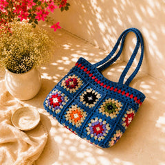 Blue Crochet Colourful Shoulder Bag