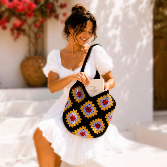 Black Sunflower Crochet Shoulder Bag