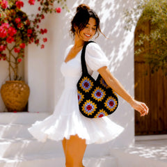 Black Sunflower Crochet Shoulder Bag