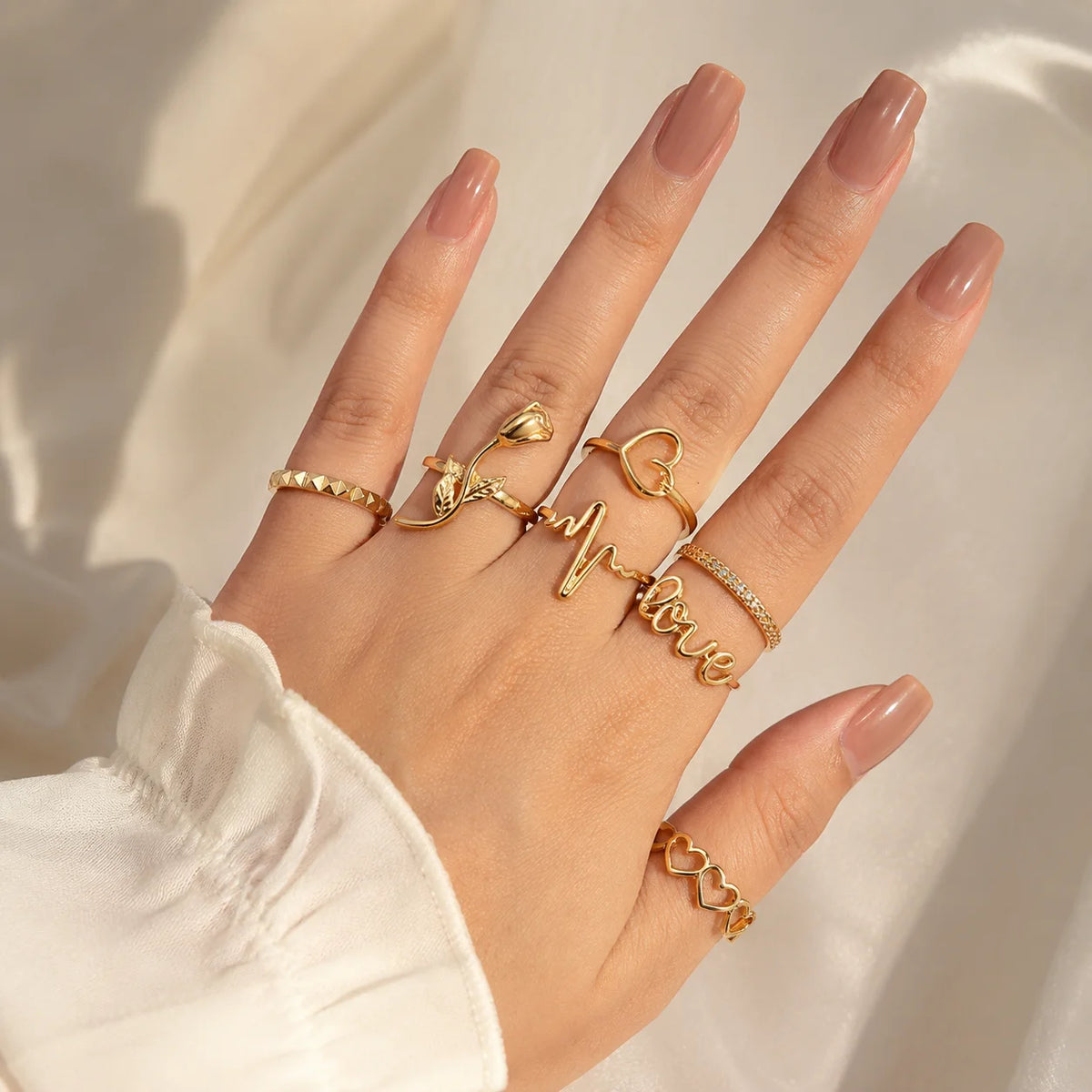 Pack of 7 Golden Hearts And Love Rings Combo