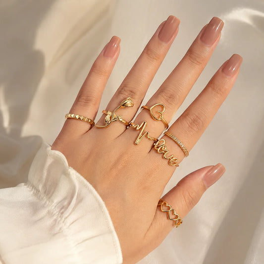 Pack of 7 Golden Hearts And Love Rings Combo