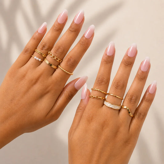 Pack of 10 Golden And Pearly White Chain Ring Combo