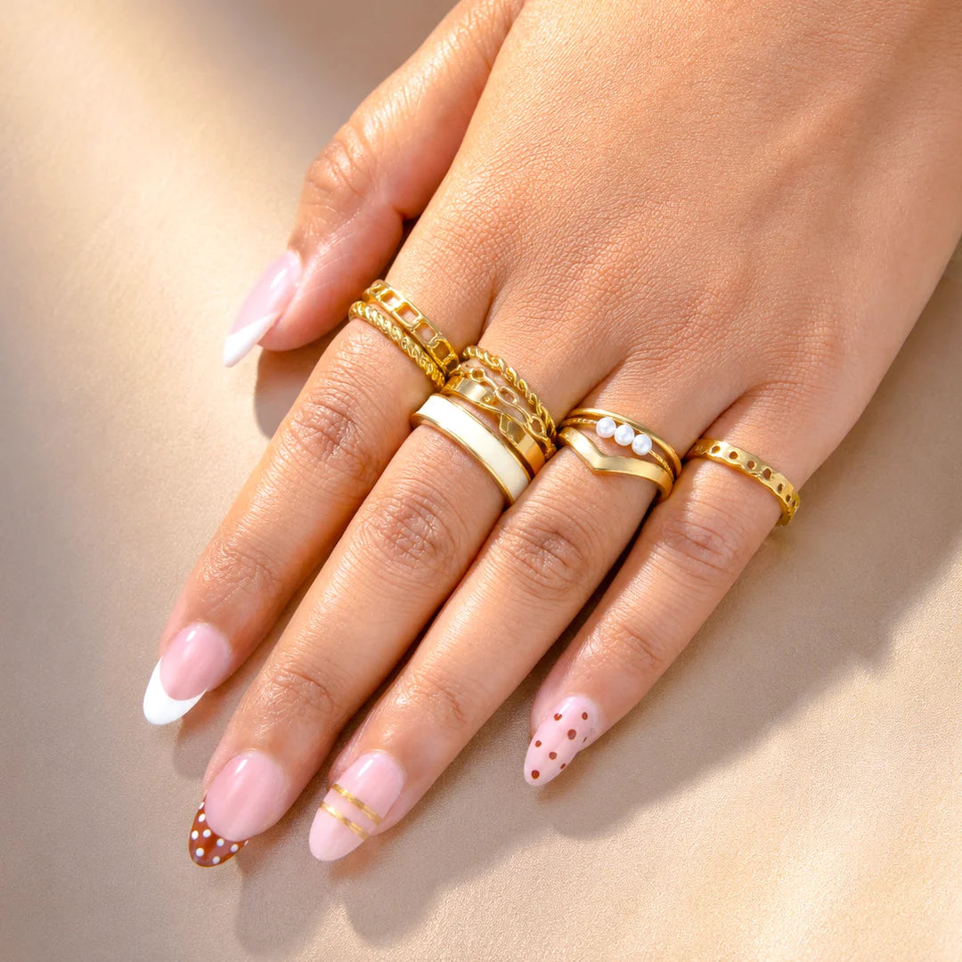 Pack of 10 Golden And Pearly White Chain Ring Combo