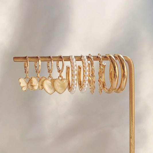 Set of 5 Pearly White And Golden Earrings Combo
