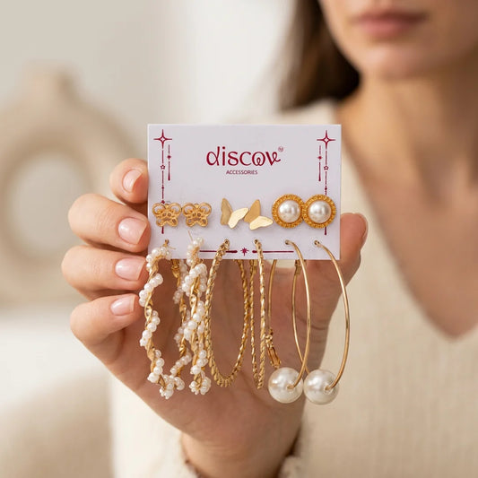 Set of 6 Western Golden Pearly Hoops And Studs Combo