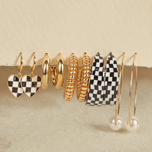 Set of 5 Checkered And Golden Chunky Earrings Combo