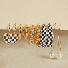 Set of 5 Checkered And Golden Chunky Earrings Combo