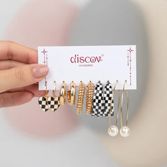 Set of 5 Checkered And Golden Chunky Earrings Combo