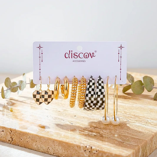 Set of 5 Checkered And Golden Chunky Earrings Combo