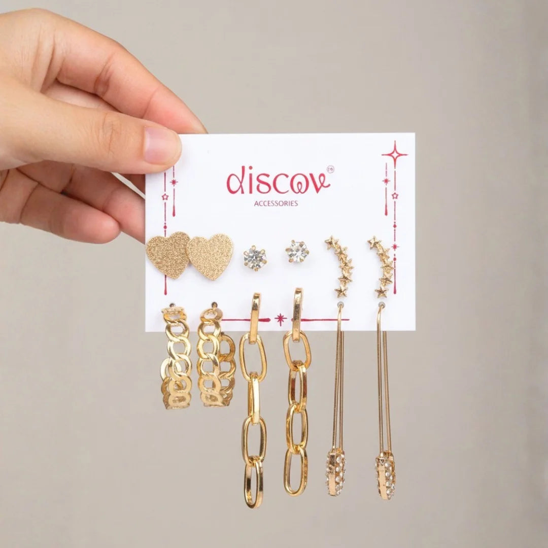 Set of 6 Western Golden Studs and Earrings Combo