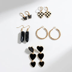Set of 5 Golden Glazy Black Earrings Combo