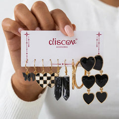 Set of 5 Golden Glazy Black Earrings Combo