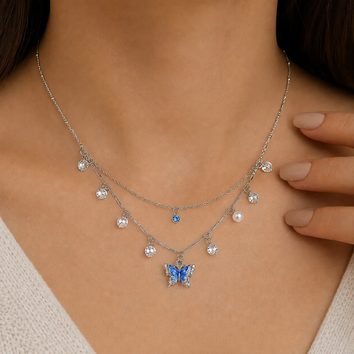 Blue Butterfly Charm Layered Necklace