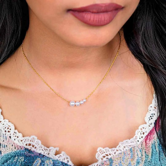 Elegant String of Pearl Golden Chain Necklace - 18K Gold Plated