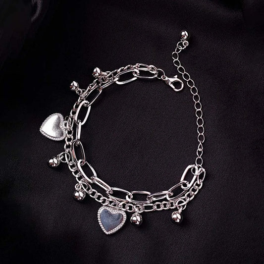 Silver Heart Charms Layered Bracelet - Rhodium Plated